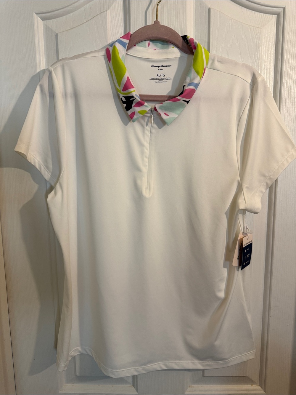 Tommy Bahama White Polo with Multicolor Printed Collar NWT XL